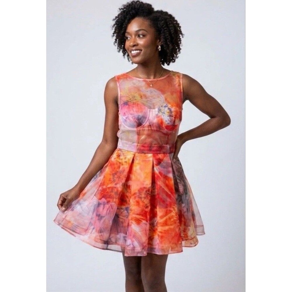 Bebe Floral 3PC Dress Set Womens 4 Organza Chiffon Y2K Detachable Bra Party Glam